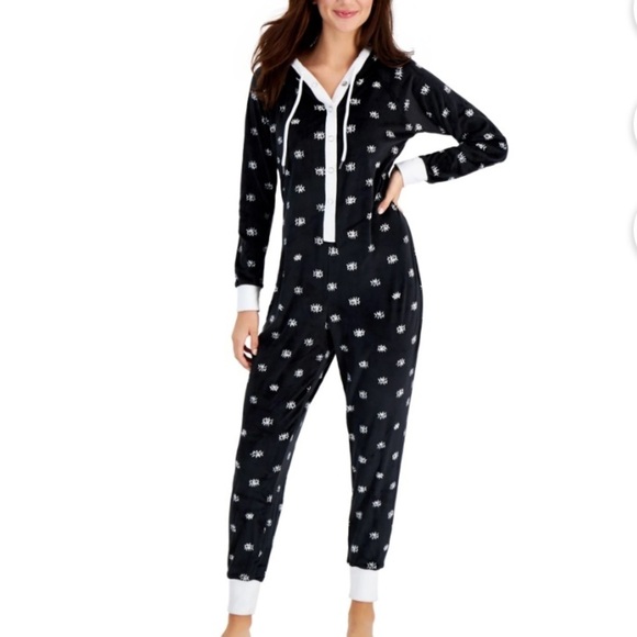 Jenni Lounge Black White Hooded romper eye pattern soft plush small NEW pajamas - Picture 1 of 6